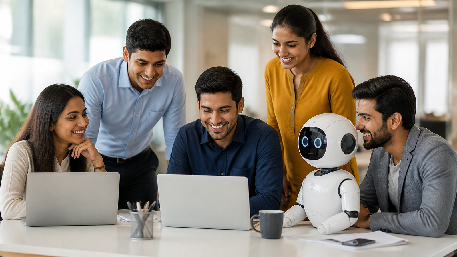 A diverse team of Indian professionals working alongside a friendly service robot in a modern office in India
