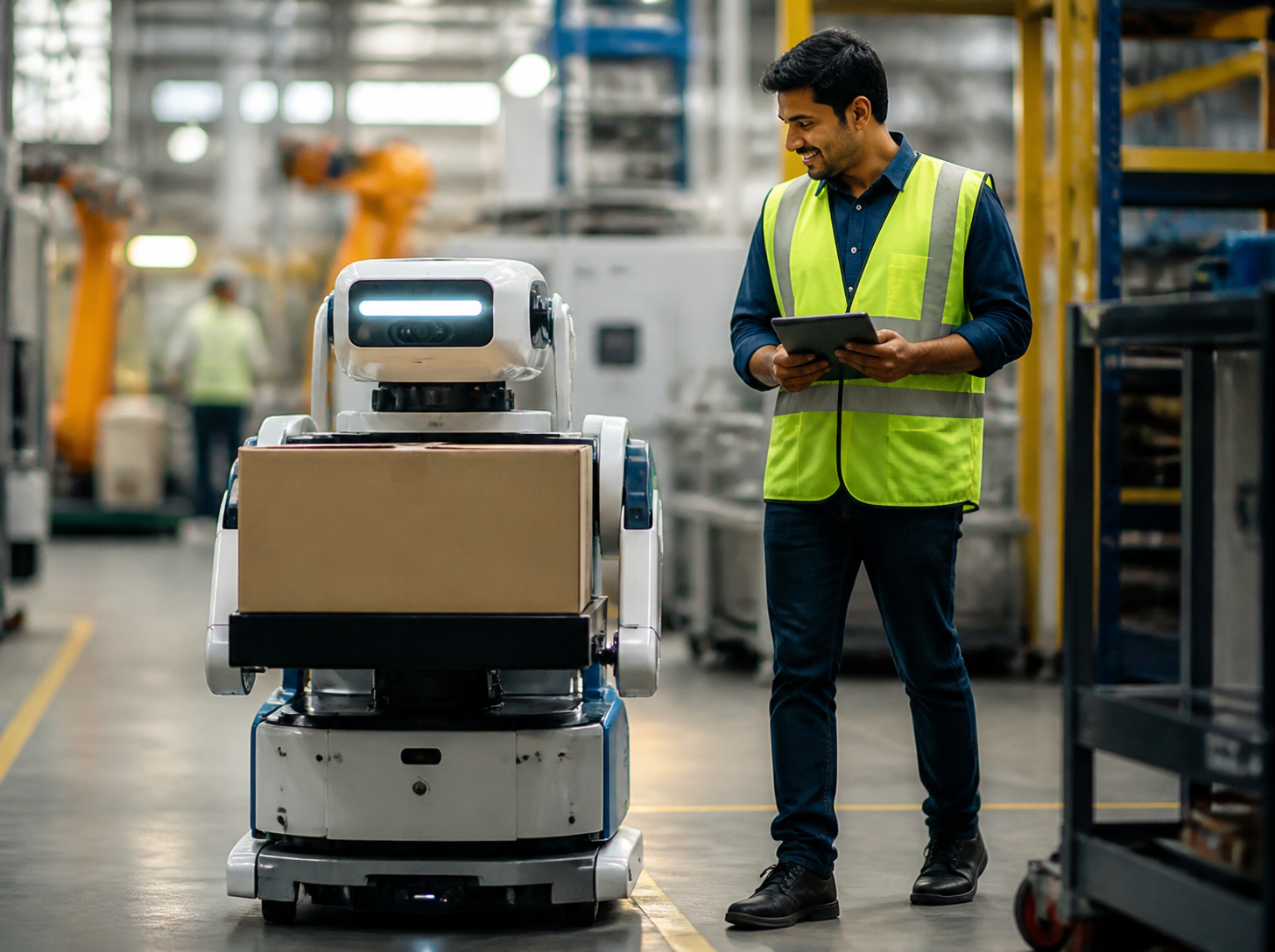 A service robot carrying boxes on an Indian factory floor, supervised by an engineer